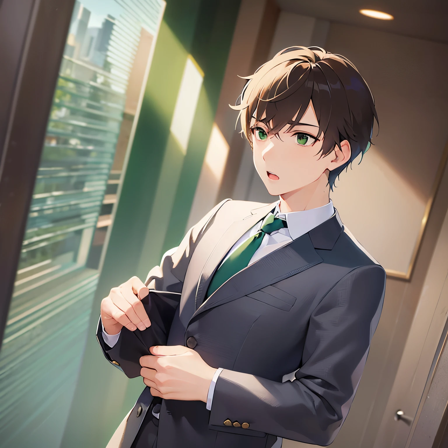Upper Body, Side shot、
shiny skin, masterpiece、Highest quality、
BREAKld male:1.5) and (Brown short hair) and (Green Eyes)BREAK
BREAK (Wearing a suit:1.5) and (Green tie:1.2)BREAK
worried,open mouth,The background is the conference room、(alone:1.5)