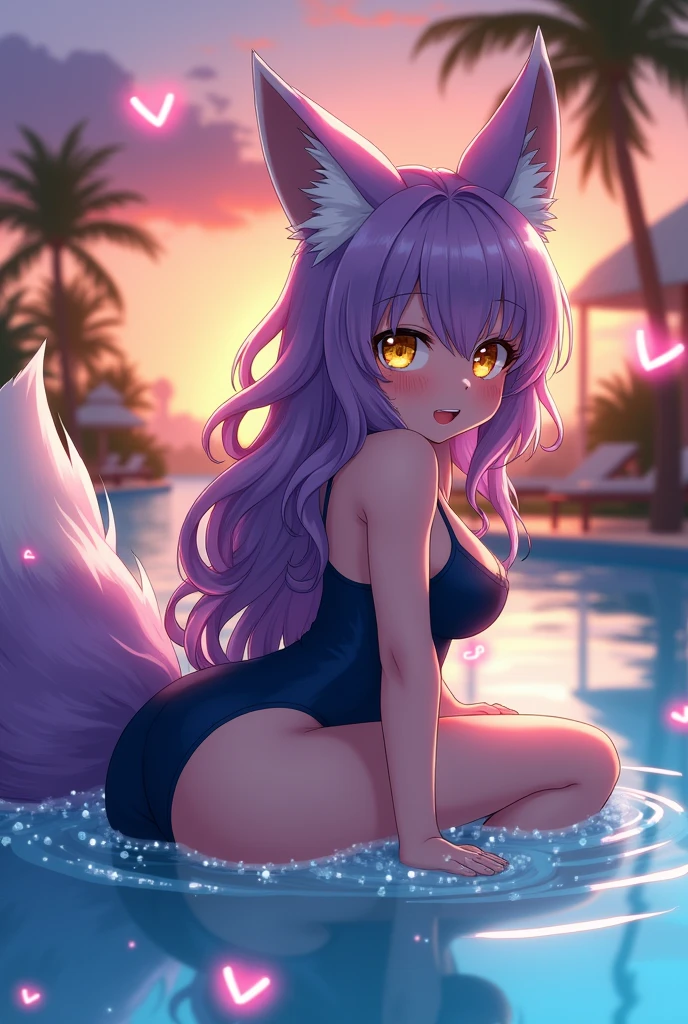 best quality,best resolution,(fluffy anthro furry :1.6),(young :1.8),fox girl,flat chest,purple hair,long hair,wavy hair,yellow eyes,glistering eyes,sparkle eyes,(white fur :1.6),(dark blue one piece swimsuit),glasses,(orange and pink sky),evening,beautiful swimming pool,beach resort,romantic light,full face blush,looking back,heavy breath,very hot,steam surrounded,(heart expression eyes),(heart eyes),sexy face,in water,open mouth,armpit,back view,crawling