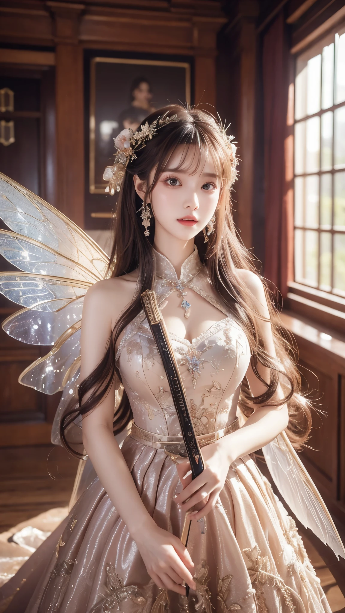 best quality, masterpiece, detailed background,
1girl, hkstyle, long hair, gradation hair, gorgeous dress, Ready your sword, anguish, (smile:0.4), Fairy Wings,
reij-snrs, indoor,