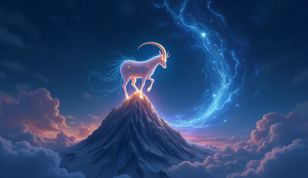 A captivating night sky showcasing a mythical sea-goat made of shimmering stars, climbing a celestial mountain. The Capricorn constellation glows above, with waves of cosmic energy flowing around it.