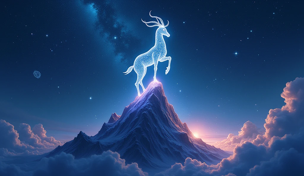 A captivating night sky showcasing a mythical sea-goat made of shimmering stars, climbing a celestial mountain. The Capricorn constellation glows above, with waves of cosmic energy flowing around it.