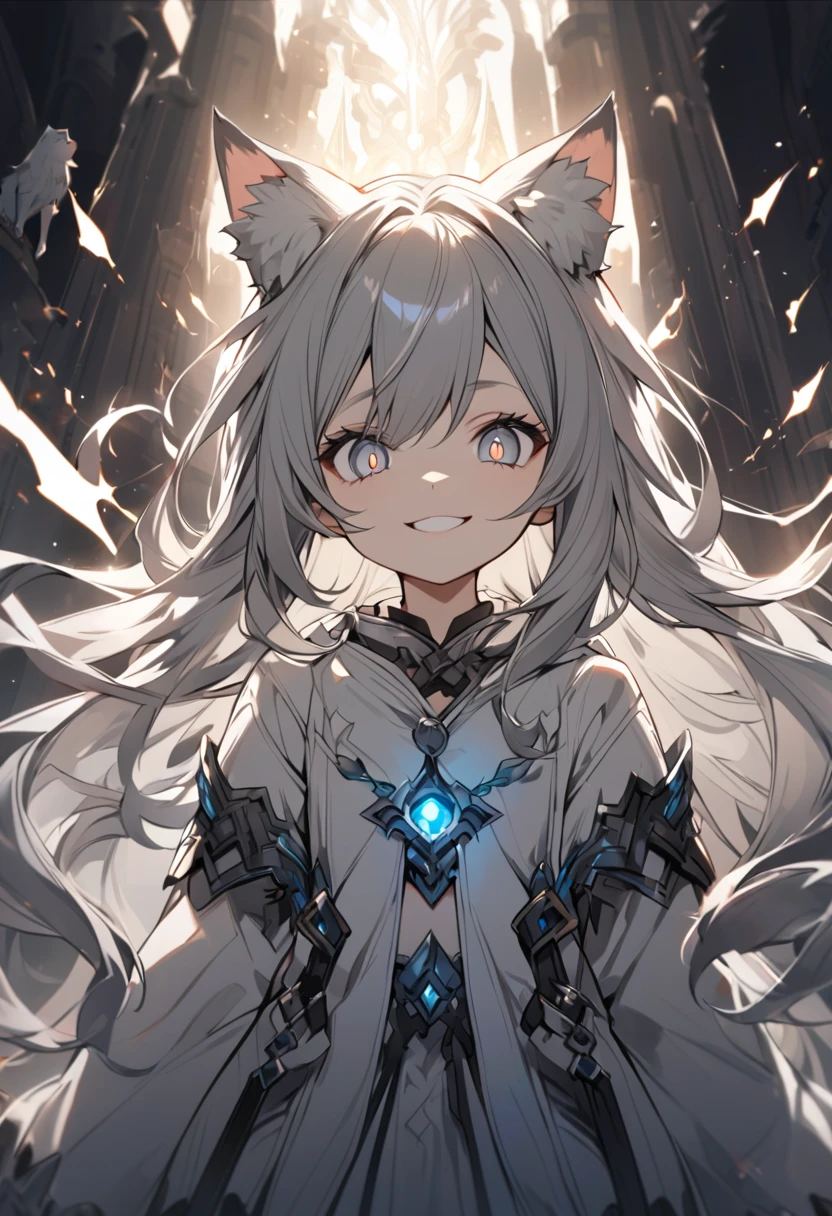 Cute, 1 cat girl, long hair, gray hair, sharp eyes, gray eyes, white clothes, lighting, fantasy, smile facial