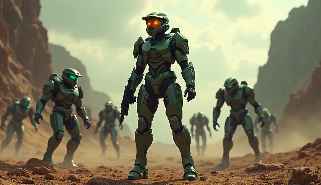 Halo, Spartan woman, 1girl, On an inhospitable planet, surrounded by elites