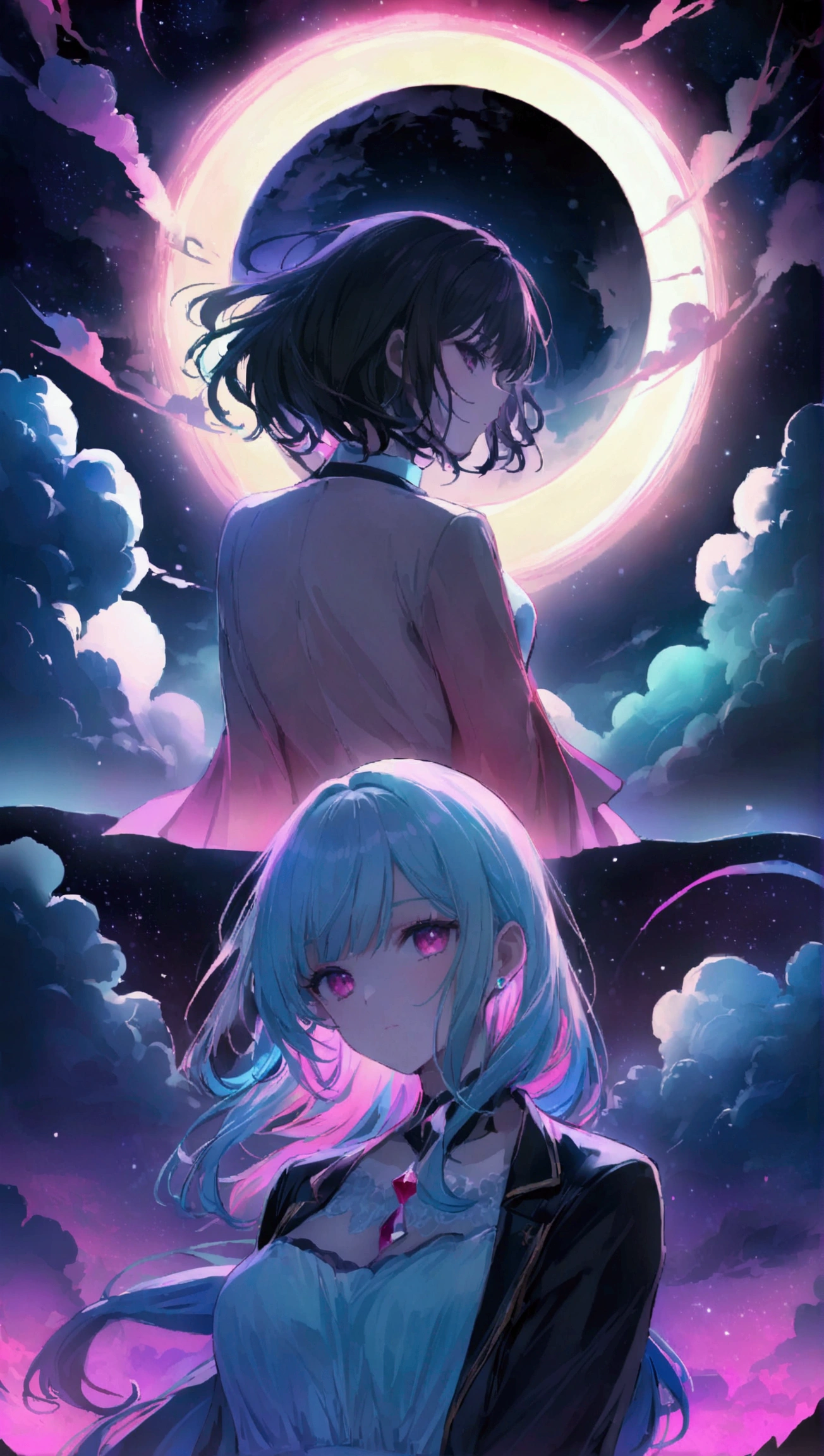 Dream colors,masterpiece,detailed,Starry sky background,cloud,Light and shadow effects,Movie Effects,colorful,Young couple,Full moon night