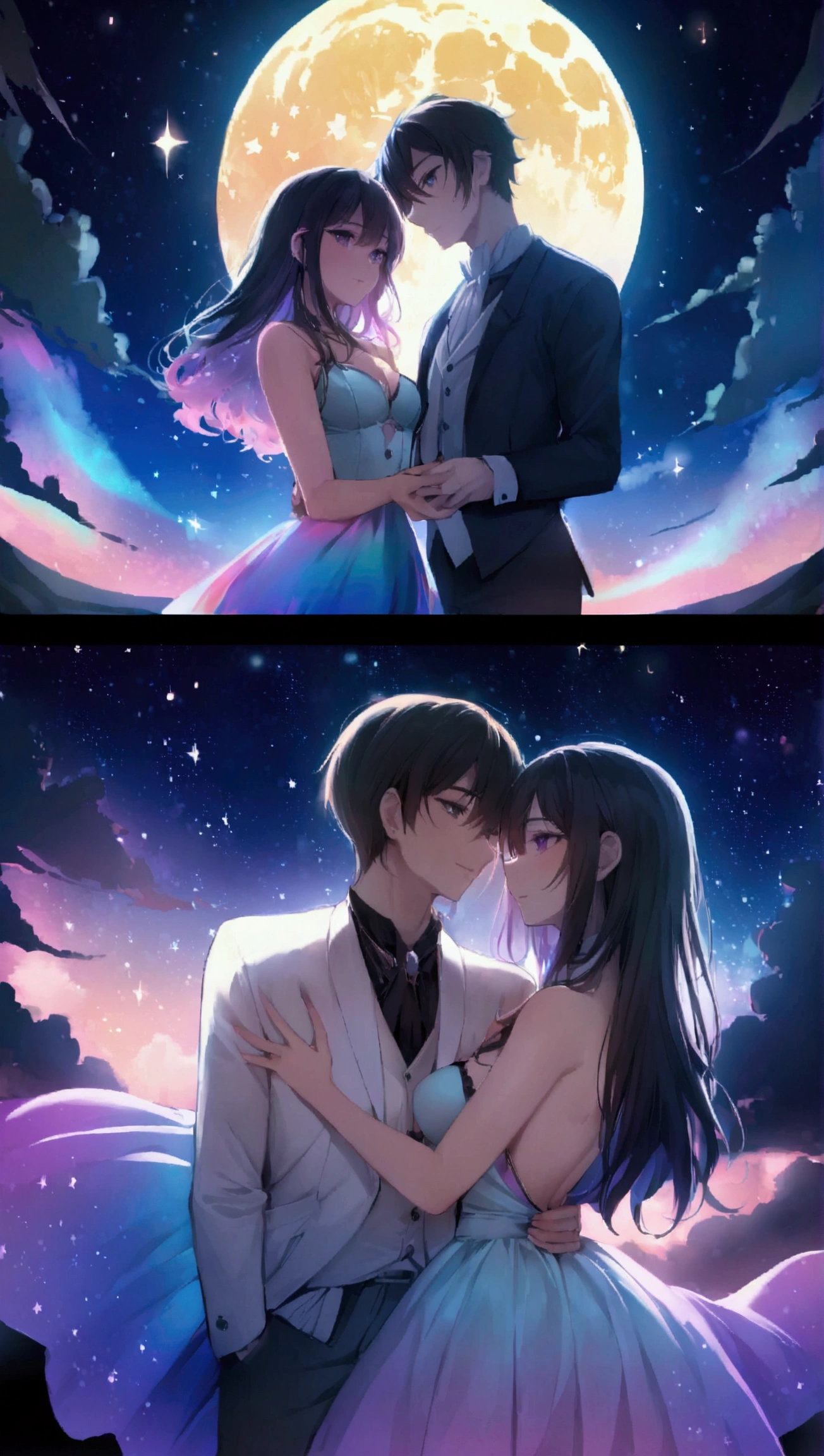 Dream colors,masterpiece,detailed,Starry sky background,cloud,Light and shadow effects,Movie Effects,colorful,Young couple,Full moon night
