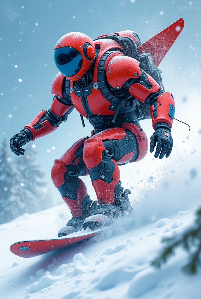 theme:Snow Scenery.   sexy massive red and blue android, robot, big backpack with (wide jet wings:1.4), Performing acrobatics on a snowboard in cyberpunk style, (snow splash:1.3), sparkling and snow storm background, in Space War, dildo toy, vibrator, handcuffs, large hole, Depth, bokeh, illustration,