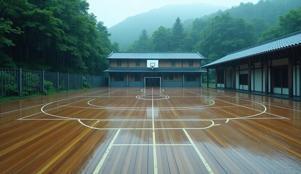 a Japanese outdoor school basketball court. the floor is wooden, the court is empty without any people; raining, masterpiece, super detailed. image taken from up, anime art