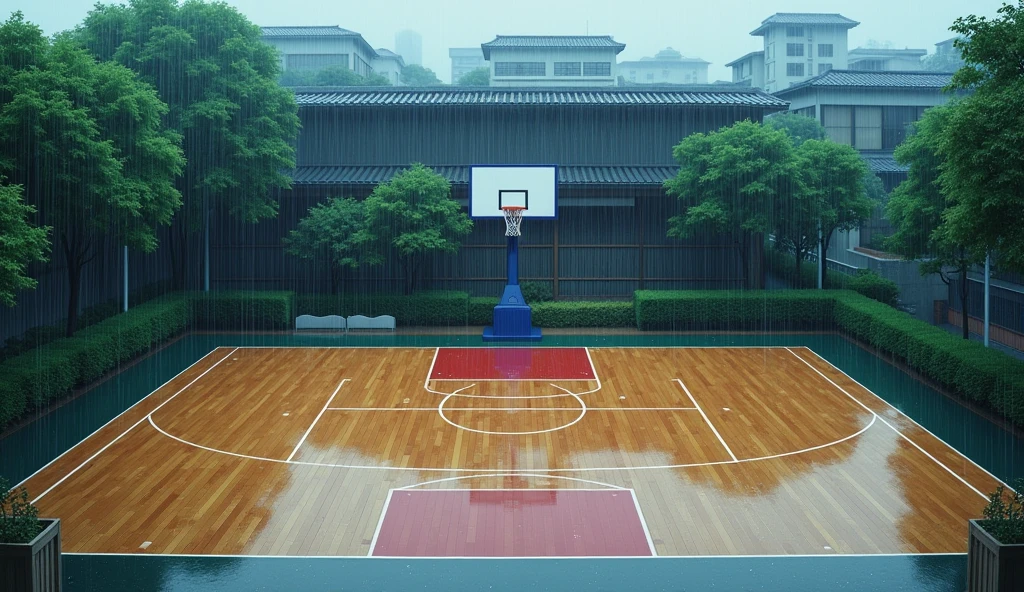 a Japanese outdoor school basketball court. the floor is wooden, the court is empty without any people; raining,  masterpiece, super detailed. image taken from up, anime art