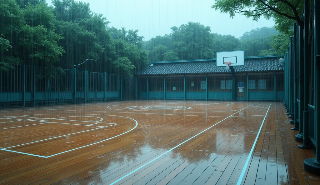 a Japanese outdoor school basketball court. the floor is wooden, the court is empty without any people; raining, masterpiece, super detailed. image taken from up, anime art