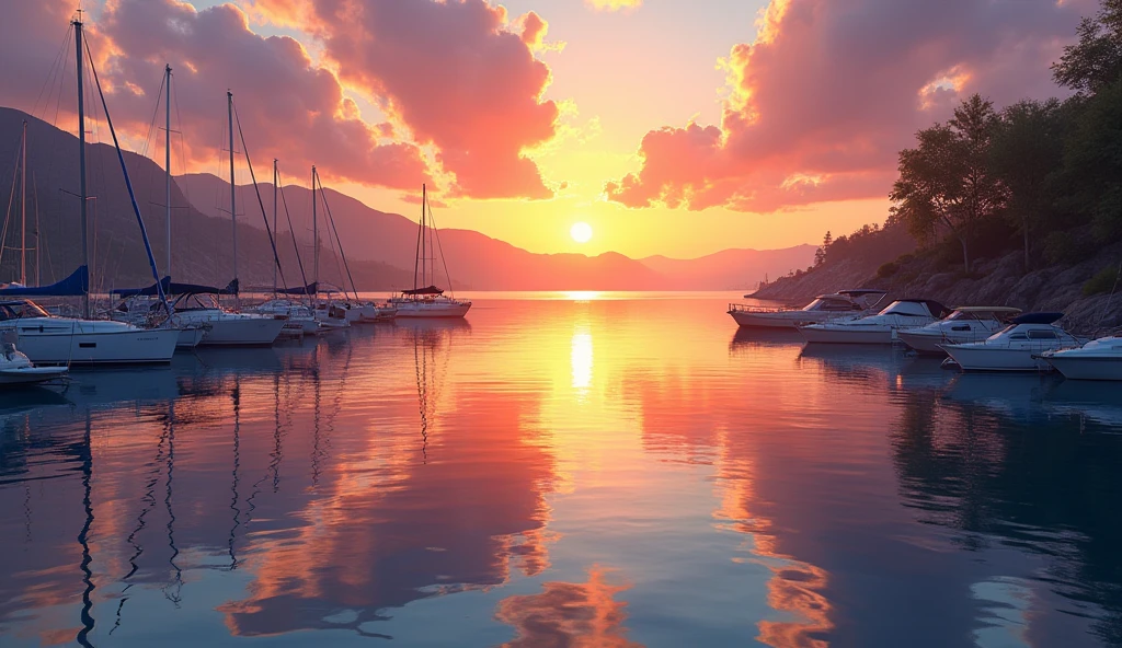 (masterpiece:1.2,Highest quality,Ultra-high resolution,Very detailed,Realistic,Ultra-high resolution,8k,oil paintng,(Shooting the marina from side),(A detailed depiction of the marina bottom with the water surface reflections 2.0),sunny, Sunset, lakeside, a mixture of orange yellow & purple color, landscape,Healing