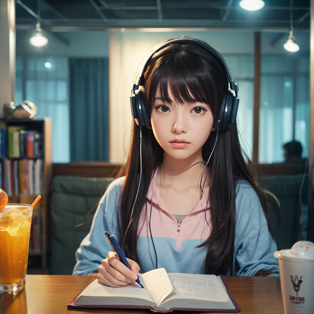 high resolution、beautiful girl、1people、anime、An illustration、headphone、Barely、night、Room、Focus on your studies!、The eyes are on the notebook!、窓からnight空が見えるよ!、Serious expression
