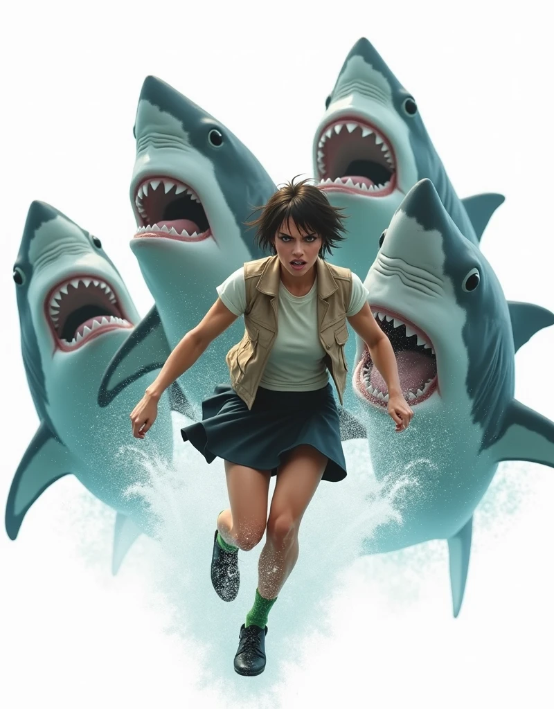 ((Highest quality)), ((photograph)), ((Run and escape)), (One person),  (Face of fear), (Women like bodybuilders), (Giant Jaws), Off-white short-sleeved shirt with light brown vest、A muscular man with a bodybuilder-like build wearing a knee-length black skirt, dark green socks and black shoes.々Short-haired woman、A video of a man desperately swimming away from a large number of giant great white sharks.、Background is white、