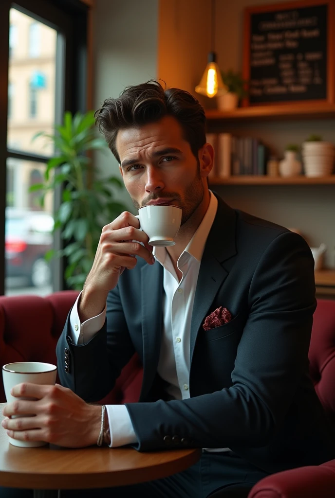 A beautiful man wearing a suit and sitting in a coffe shop