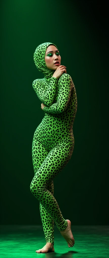 The most beautiful,thin,most pretty and clever malaysian contortion muslimah adult girl wears Green leopard print lycra turtleneck unitard catsuit covered with spots.She always wear Green leopard print lycra dancewear stretchy square hijab covered with spots.She performs as contortionist.She has Green eyeshadow makeup!
