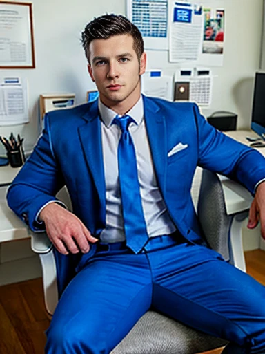 1boy, solo, male focus, muscular, black hair, blue eyes, sitting over chair, office, blue suit, blue pants, blue tie, white shirt 