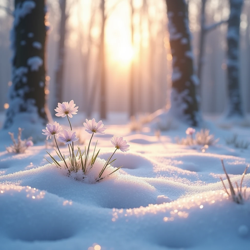 hepatica, Snow Scenery, glistening in the morning sun,