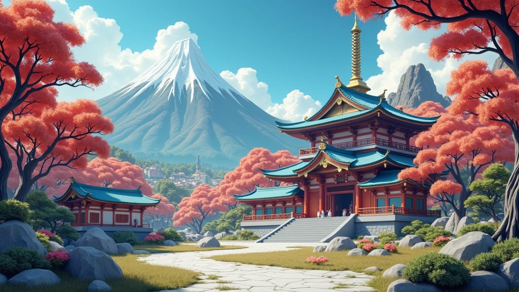 There are houses and trees inside, 3D rendering style, Cyberpunk Japanese Temple, Anime Landscape Concept Art, Draw as game concept art, Japanese 3D 8K Ultra Detailed, Stylized 3d rendering, Japanese house, 日本Art style, Pagoda Figures, 3D rendering of beeple, stylized concept art ,An elven village built on a tree on the side of a sacred mountain, (best quality,4K,8K,high resolution,masterpiece:1.2), Extremely detailed, Practical:1.37, HDR, Ultra HD, Studio Lighting, Extremely detailed的描述, professional, Bright colors, Bokeh, portrait, landscape, (Art style: Wu Guanzhong), Vivid and dynamic colors, Soft lighting.