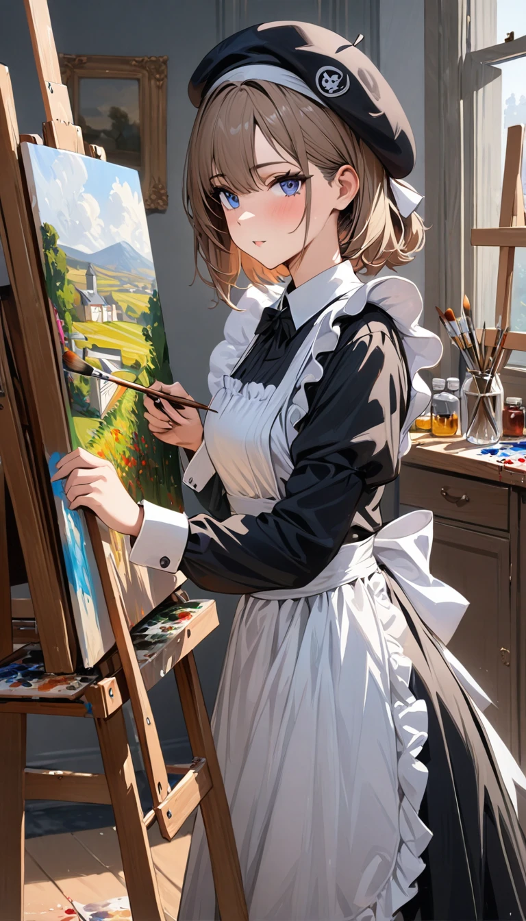 ((masterpiece)), ((best quality)), perfect detailed eyes, perfect detailed face, A girl wearing a maid's uniform painting an oil painting, (1 Easel) , (1 canvas), Paintbrush, oil paints, Artist, maid painting a still life, Wearing a beret