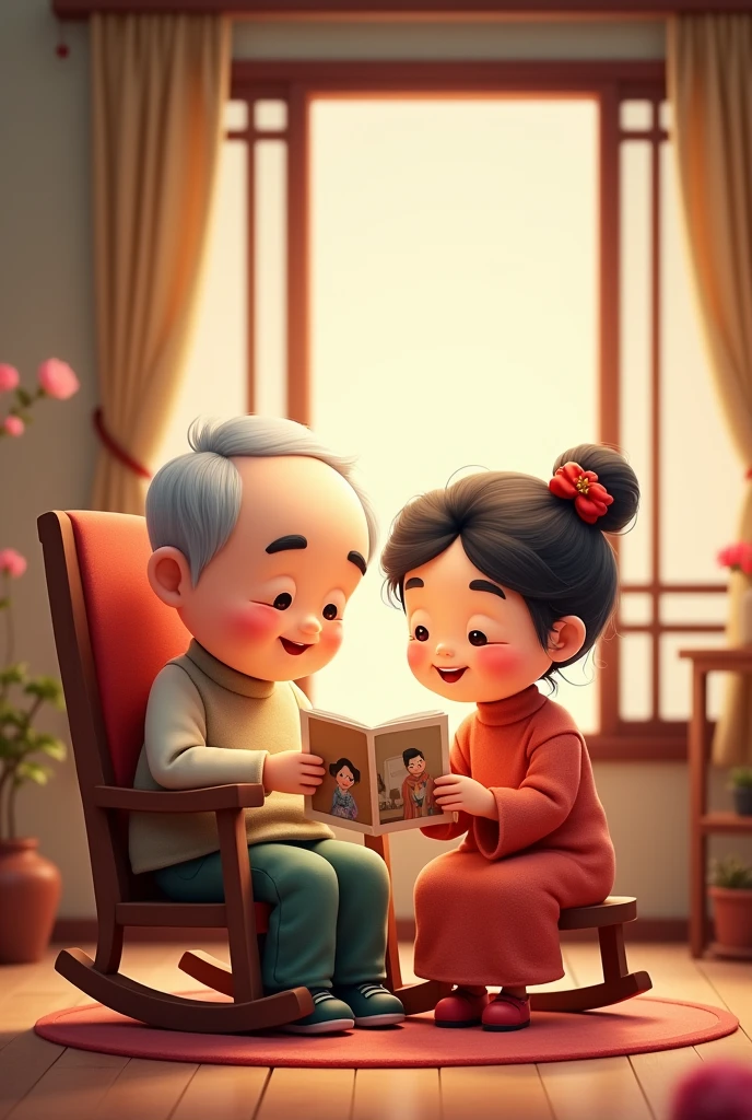 Asian Chinese old couple in cute cantoon both must grey hair seats in rocking chair memorise old photo together