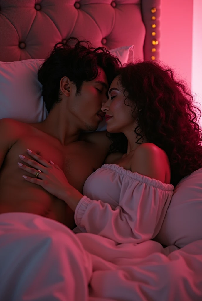 (photorealism:1.2), beautiful muslim
woman, sleep on bed, after sex, long curly hair, without clothes
With boy, and kissed each other, pink light ,