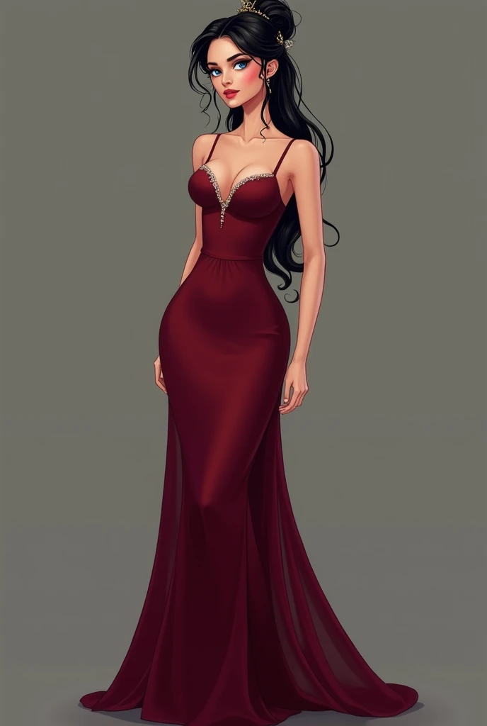 Girl with long black hair, and hair tied back in a bun with some elegant ornament blue eyes. with big breasts, slim with hips and ass, no belly. With a long burgundy evening dress, with thin straps, Prom Dress, whole body. Long dress with a slit on the right leg, heels of the same color
