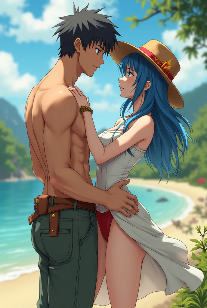 Anime Art。
Beach at sunset。
A beautiful woman with big breasts and long straight blue hair、Naked sex with a man in the standing position。
Men、While showing the front of the woman to the sun、He thrusts his penis violently into a woman&#39;s pussy.。
Sweat and love juices flying violently。
