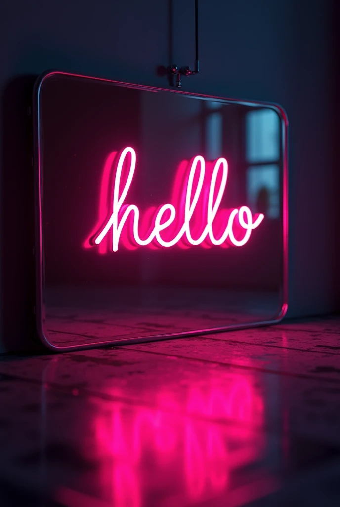 A Text of "HELLO " glowing neon text, mirror, clear reflection in mirror , dramatic lighting, photorealistic, highly detailed, 8k, HDR, studio lighting, physically-based rendering, vibrant colors, hyper-realistic, cinematic, moody atmosphere, dramatic shadows, volumetric lighting, depth of field, crystal clear details