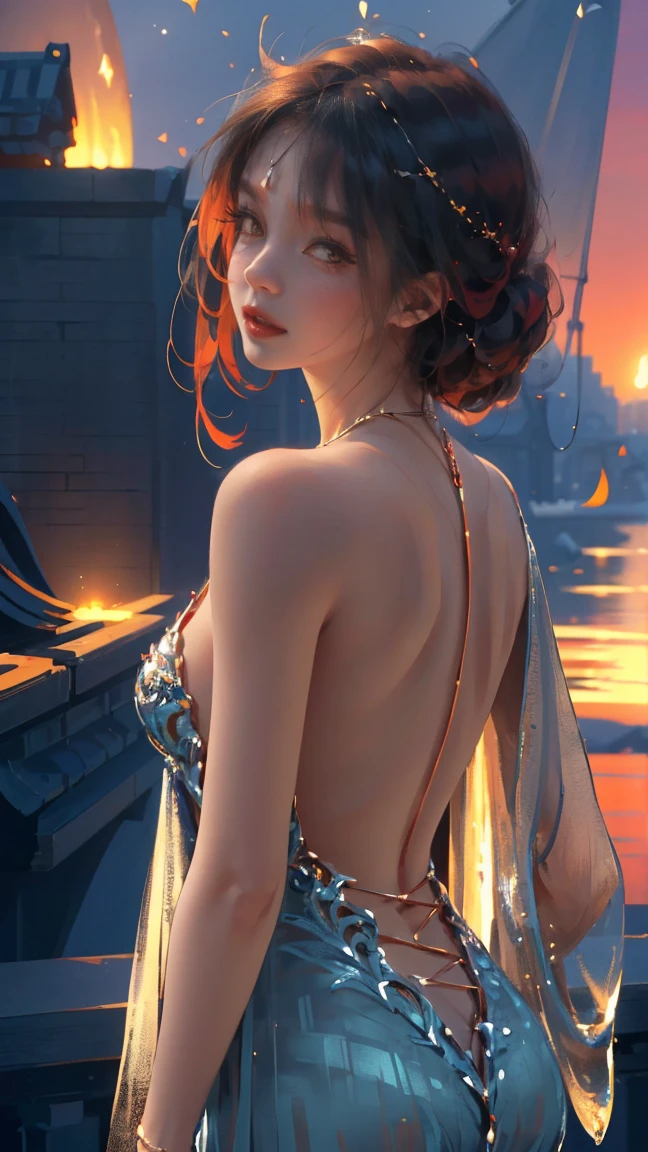 woman, long dress, back, profile, topless, tie hair