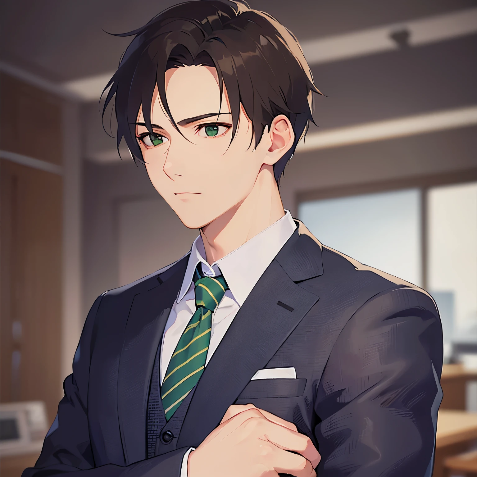 Upper Body, Side shot、Arms crossed、
shiny skin, masterpiece、Highest quality、
BREAKld male:1.5) and (Brown short hair) and (Green Eyes)BREAK
 BREAK (Wearing a suit:1.5) and (Green tie:1.2)BREAK
worried,The background is the conference room、(alone:1.5)