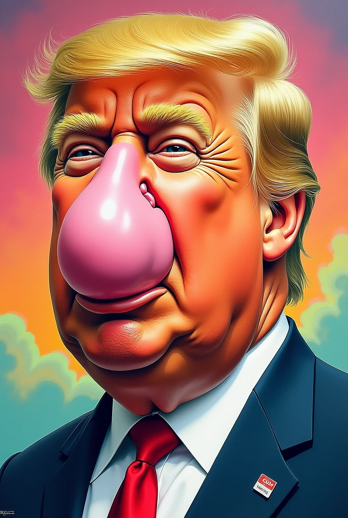 a ???'s drawing of Donald Trump with a giant vagina instead of nose and mouth, childlike drawing style, 5 vibrant colors, thick outline stroke, highly detailed, whimsical, surreal, humorous, cartoonish, exaggerated features, grotesque, absurdist, satirical, bold colors, dynamic composition, unconventional, subversive, provocative, masterpiece, best quality, 4k