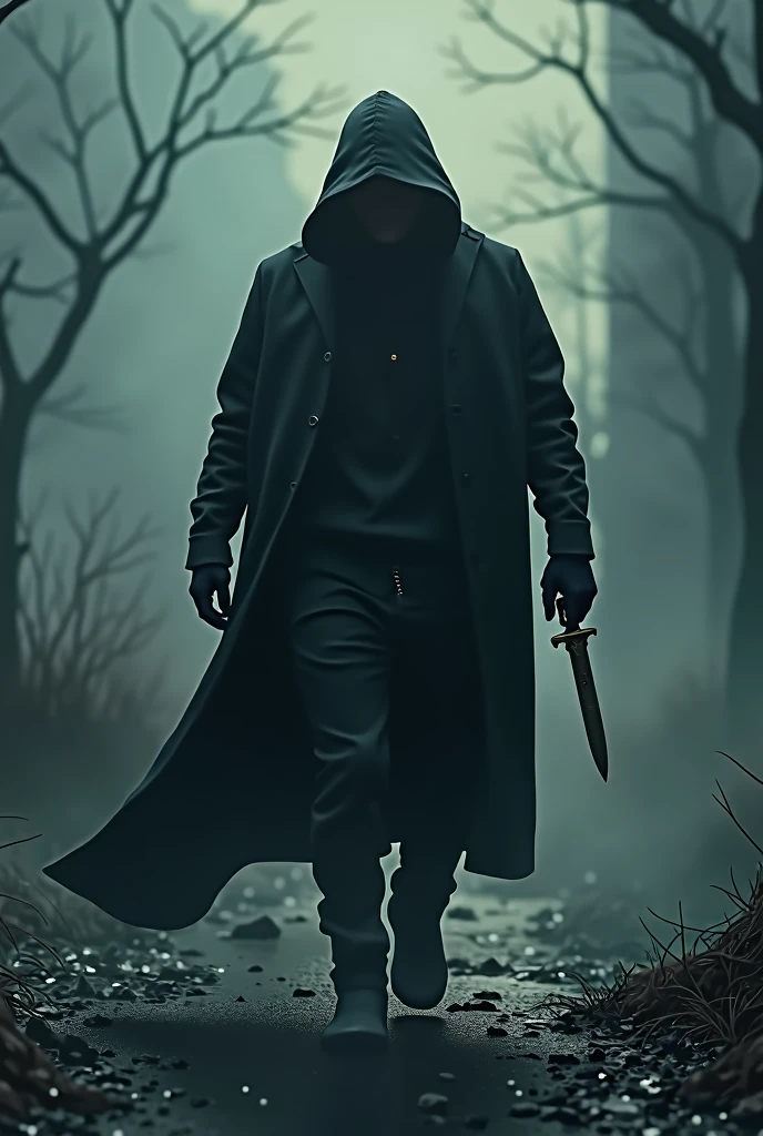 A weird really cool dramatic assassin approaching from the distance with a weapon