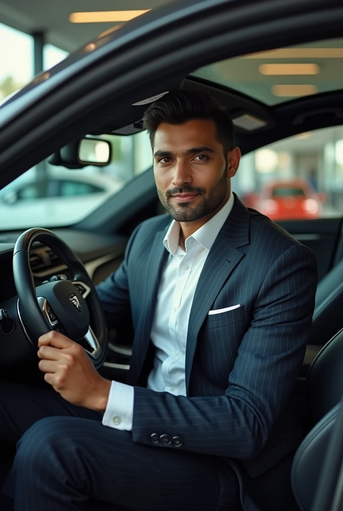 A beautiful indian man wearing a suit and sitting in a car showroom