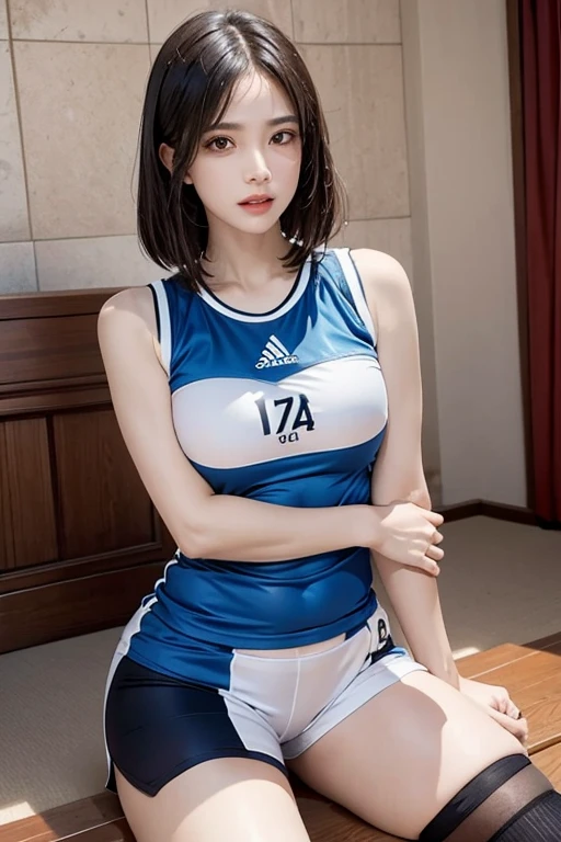 Realistic, High resolution, 1 female, alone,Displaying the viewer, (Detailed face), Short Bob、170cm long legged girl、
,,Perfectly symmetrical eyes、Fuller lips、Ample breasts、Tight waist、Sweaty thighs、Volleyball Player、In the dark gymnasium warehouse、Girl in volleyball uniform、Tight shorts、Tank top、Precise finger placement、(Sporty over-the-knee socks)