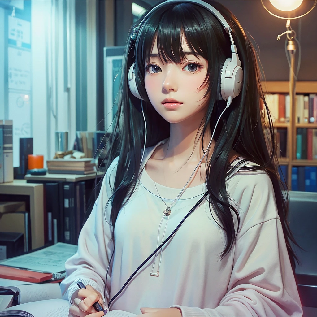 high resolution、beautiful girl、１people、anime、An illustration、headphone、Barely、night、Room、Focus on your studies！、The eyes are on the notebook！、窓からnight空が見えるよ！、Hozue