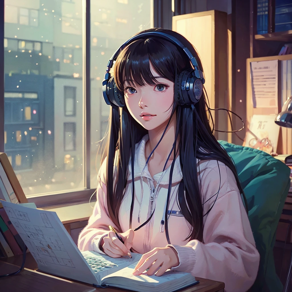 high resolution、beautiful girl、1people、anime、An illustration、headphone、Barely、night、Room、Focus on your studies!、The eyes are on the notebook!、窓からnight空が見えるよ!、Hozue