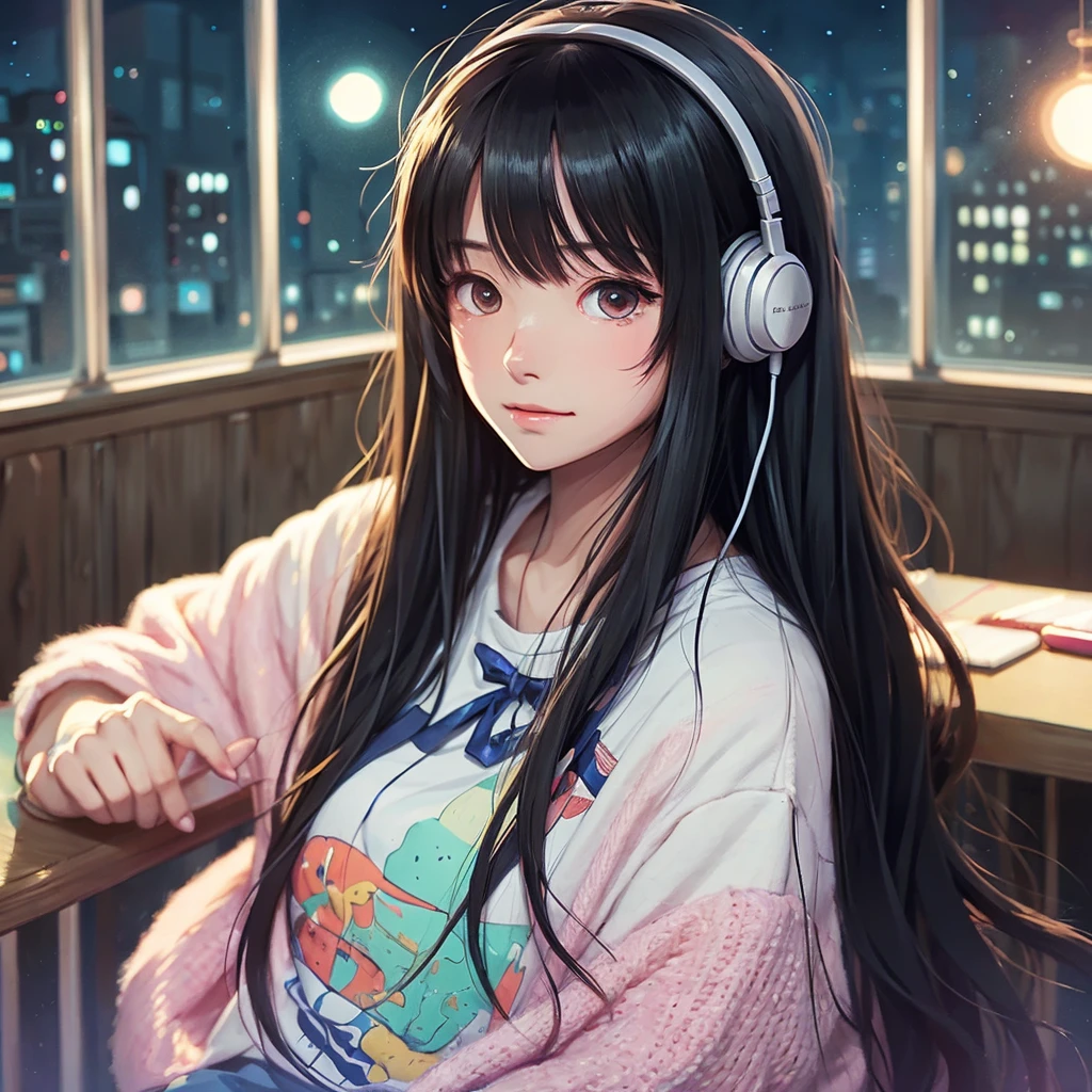 A retro anime-style illustration.Create an anime-style illustration of a young woman with dark hair, sitting in a cozy room by the window at sunrise. She is wearing large headphones and looking out the window with a peaceful expression. The room is softly lit with a warm, pinkish glow, and there is a steaming cup of coffee on the table beside her. The scene should evoke a calm, introspective mood, with the focus on the peaceful morning atmosphere.