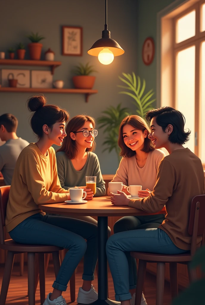 a girl on the left side talking with friends in a smale coffee shop