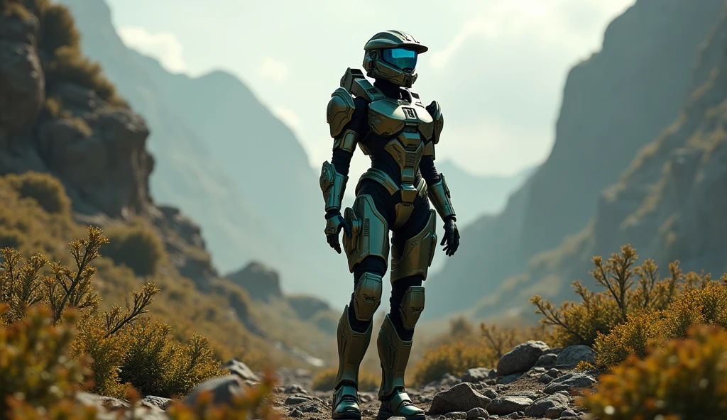Halo, linda, Spartan woman, 1girl, On an inhospitable planet, Full of vegetation