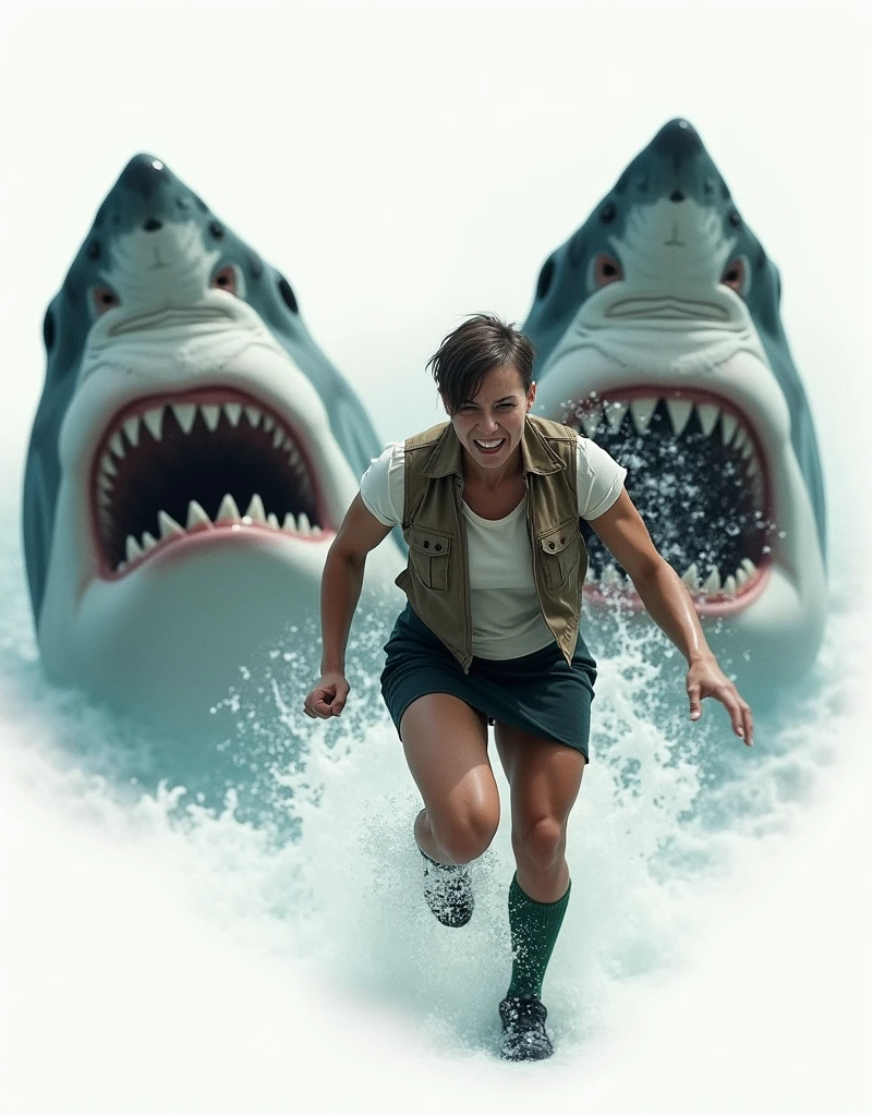 ((Highest quality)), ((photograph)), ((Run and escape)), (One person), (Face of fear), (Women like bodybuilders), (Giant Jaws), Off-white short-sleeved shirt with light brown vest、A muscular man with a bodybuilder-like build wearing a knee-length black skirt, dark green socks and black shoes.々Short-haired woman、A video of a man desperately swimming away from a large number of giant great white sharks.、Background is white、