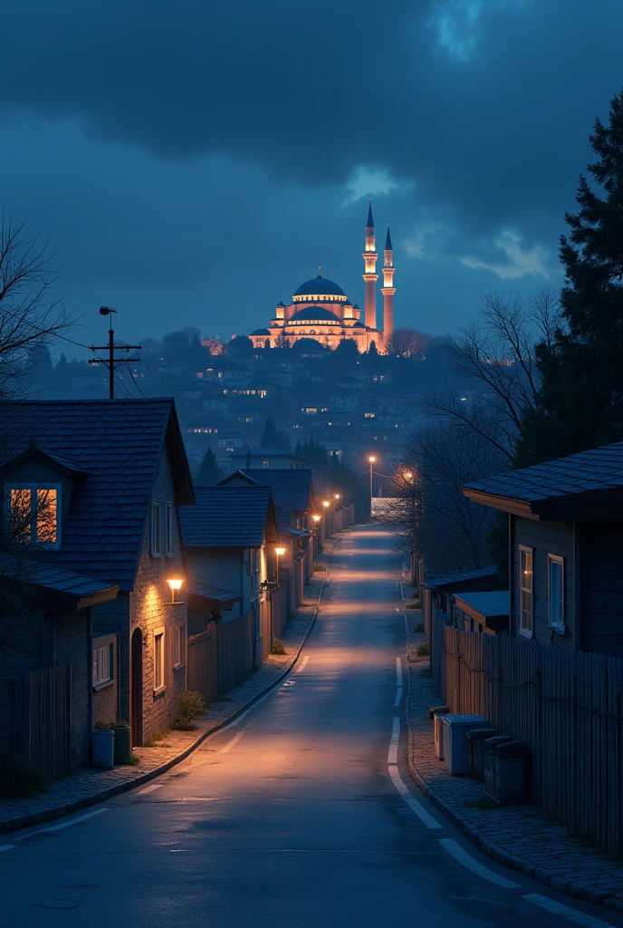Describe the residential setting where there is a road and a mosque night