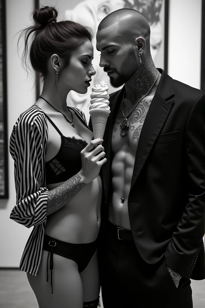Tattooed male model shaved head pointy mustache, soul pach, glasgow smile scars, tall, slim fit, no shirt, black and white stripe suit and female model, red hair, messy, frecled, petit, short, sexy skiny, black lace bra, black and white striped shirt, black ripped stockings, black daisy dukes, sharing an icecream at the art galery