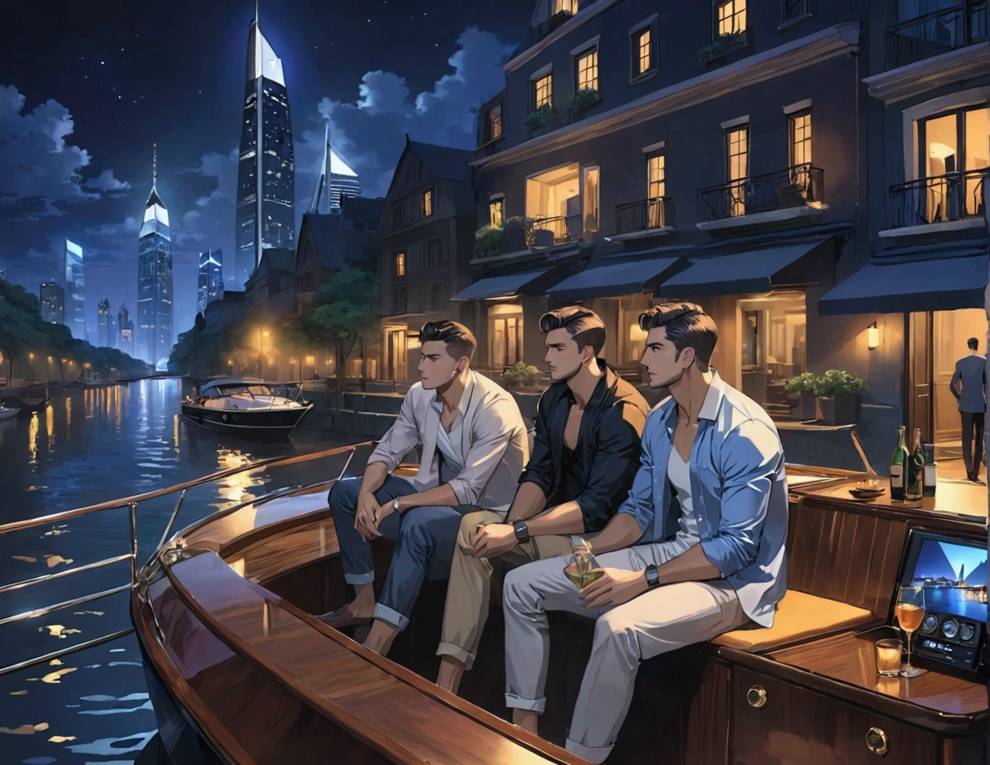 In a city full of buildings at night, three handsome men wearing designer casual clothes are drinking on a private yacht in the river and watching the night view 4K cover