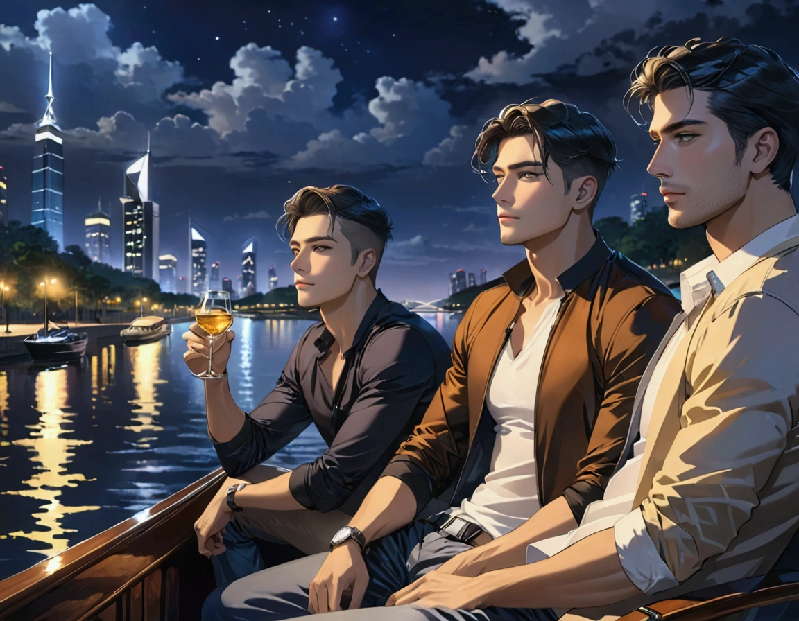 In a city full of buildings at night, three handsome men wearing designer casual clothes are drinking on a private yacht in the river and watching the night view 4K cover