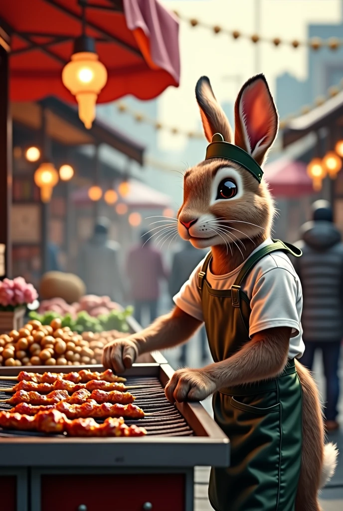 ‏realistic, real, high resolution detail, full photo like real ارنب يعمل محل يحرك مشويات  تمك لحم 