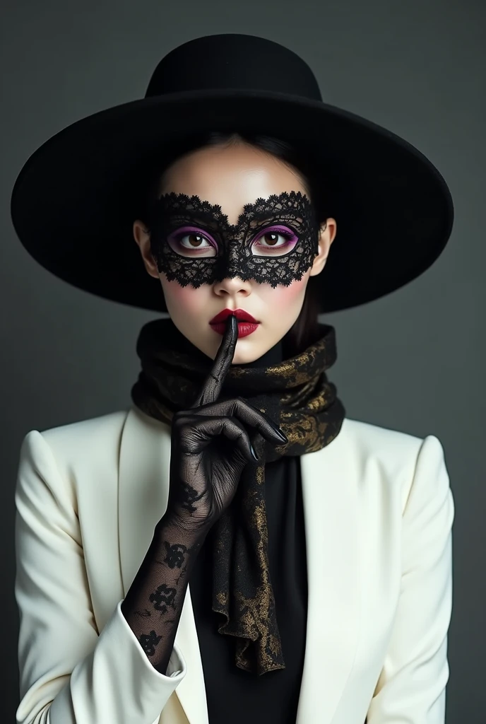A Japanese woman in her 40s wearing a full-head black lace mask that covers her mouth and nose, with only the eyes cut out.、Long black lace gloves、White Suit、Elegant wide brim black hat、Putting a finger to the lips、Black and gold scarf、A Japanese woman with heavy purple eyeshadow