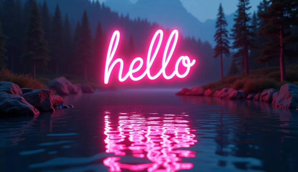 A Text of "HELLO " glowing neon text, lake, clear reflection in water, dramatic lighting, photorealistic, highly detailed, 8k, HDR, studio lighting, physically-based rendering, vibrant colors, hyper-realistic, cinematic, moody atmosphere, dramatic shadows, volumetric lighting, depth of field, crystal clear details
