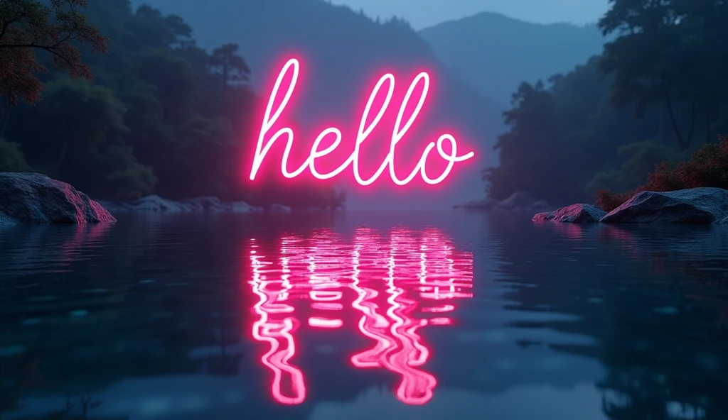 A Text of "HELLO " glowing neon text, lake, clear reflection in water, dramatic lighting, photorealistic, highly detailed, 8k, HDR, studio lighting, physically-based rendering, vibrant colors, hyper-realistic, cinematic, moody atmosphere, dramatic shadows, volumetric lighting, depth of field, crystal clear details