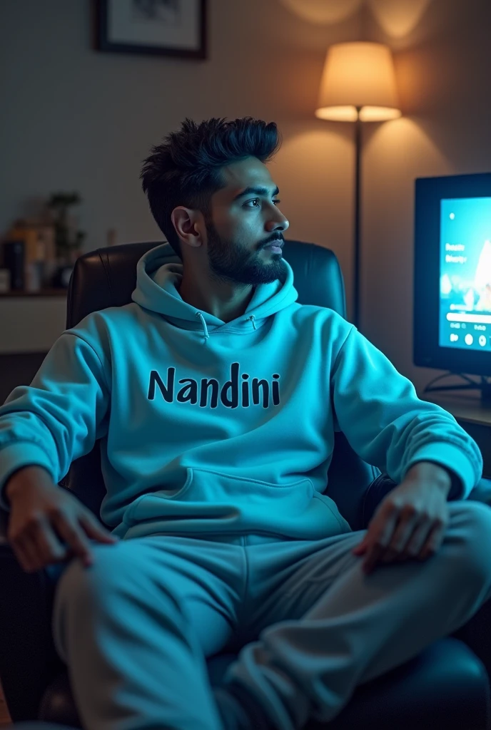 A man waring sky blue hoodie nandini is written on his hoode  and a grey joggers sitting in his room with a tv in front of him , a song is being playing in tv named - hamnava mere song and tv is clearly visible 