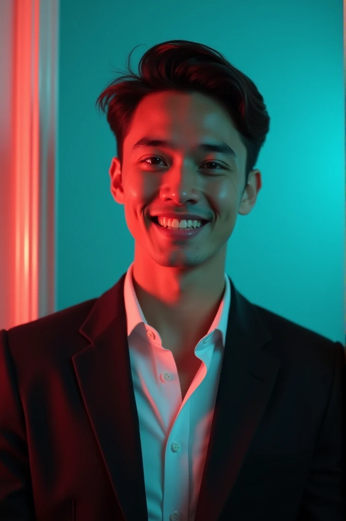 A young man with dark hair and a confident smile. He is dressed in a black blazer over a white shirt. The man is positioned against aqua colour backdrop with a subtle red lighting on the left side. and he posing for Linkedin profile