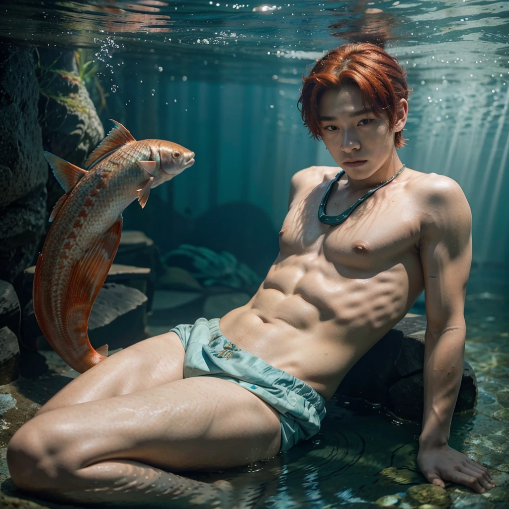 Yang Jeongin from Stray Kids. Redhead boy with fish tail. mermaid boy, aquatic merman boy